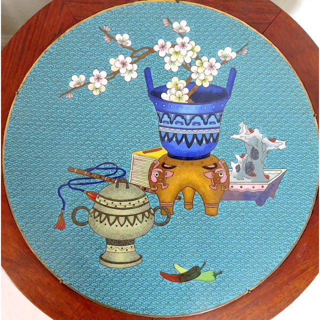 Fine Chinese Carved Rosewood and Cloisonné Stools, Side Tables, Pedestals With Flowers, Bats & Scholarly Objects, a Pair For Sale - Image 9 of 15