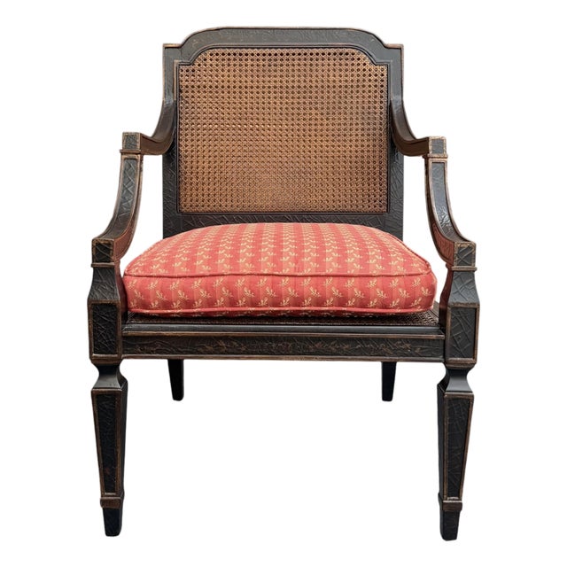 Vintage Baker Milling Road Lacquered Cane Armchair With Upholstered Cushion For Sale