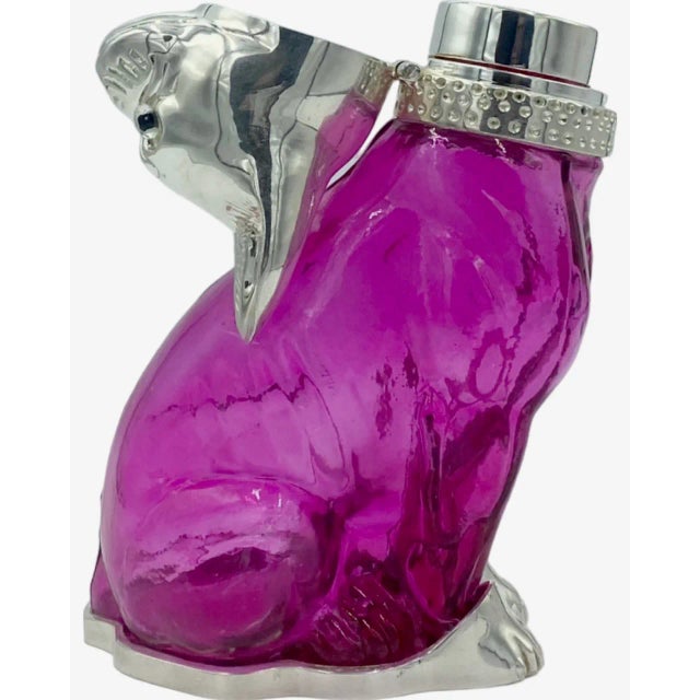 Late 20th Century Vintage French Bulldog Pink Glass Silverplate Claret Jug Decanter For Sale - Image 5 of 13