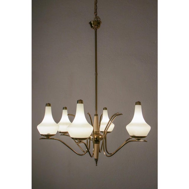 Stilnovo Mid-Century Italian Six Lights Gold and Ivory Chandelier attributed to Stilnovo, 1960s For Sale - Image 4 of 17