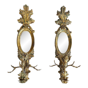 Late 20th Century John Richard Faux Giltwood, Gilt Metal Mirrored Wall Sconces, Not Electrified, Pair