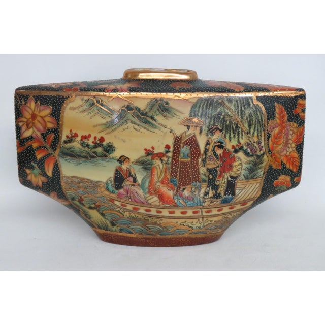 Mid 20th Century Satsuma Style Fan Shaped Pillow Vase Hand Painted Geisha and Flowers Motif 5056b For Sale - Image 5 of 18