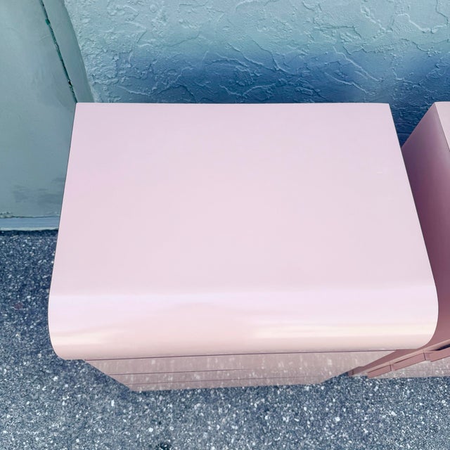 Wood Postmodern Pink Gloss Laminate Waterfall Nightstands - A Pair For Sale - Image 7 of 12