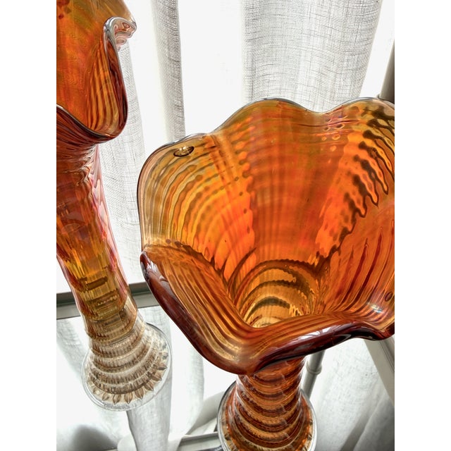 Vintage Marigold Carnival Glass Swung Vases, a Pair For Sale - Image 12 of 12