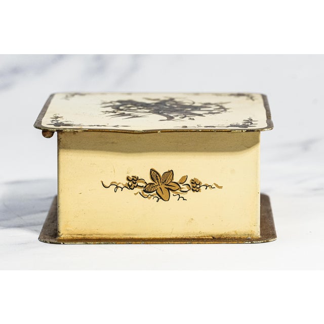 Cream Neat Vintage French Hand Painted Pressed Metal Trinket Jewelry Desk Box Home Decor For Sale - Image 8 of 12