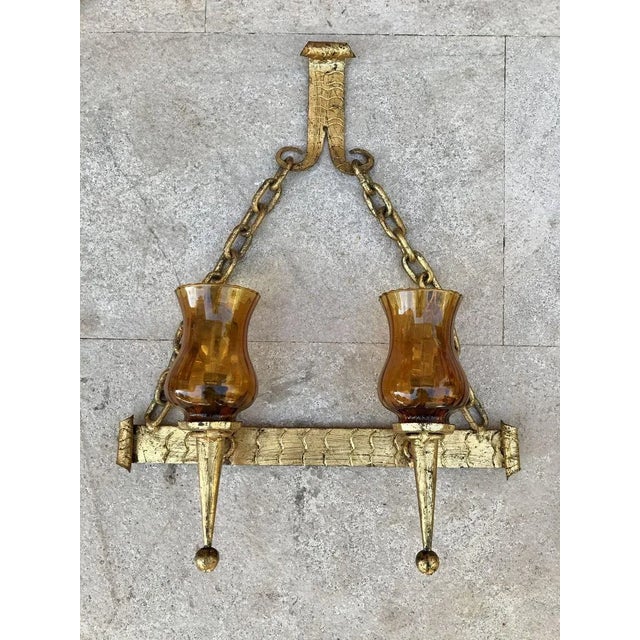 Mid-20th-Century Iron and Colored Glass Wall Lights, 1960s, Set of 3 For Sale - Image 4 of 18