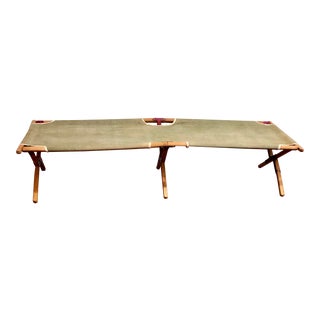 Vintage Green Canvas Military Folding Cot With Wood Frame For Sale