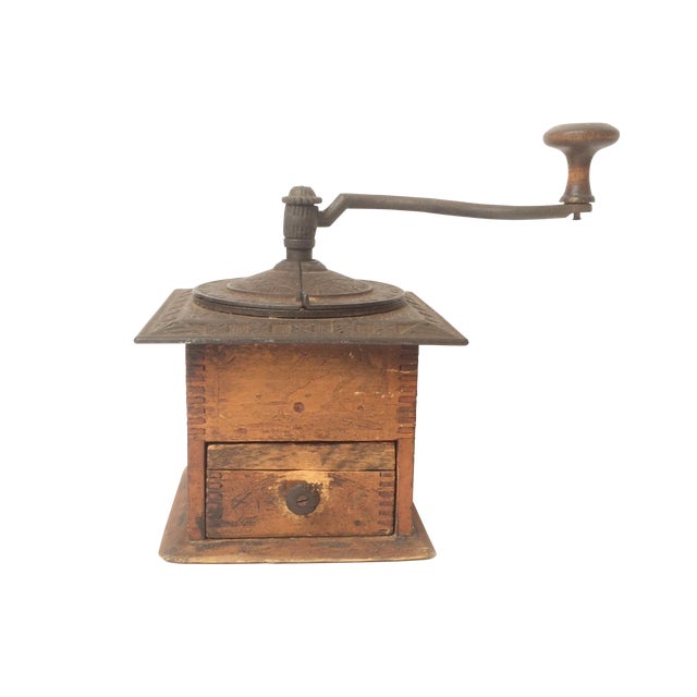 Antique Hand Crank Coffee Grinder With Wood Base and Metal Top Chairish
