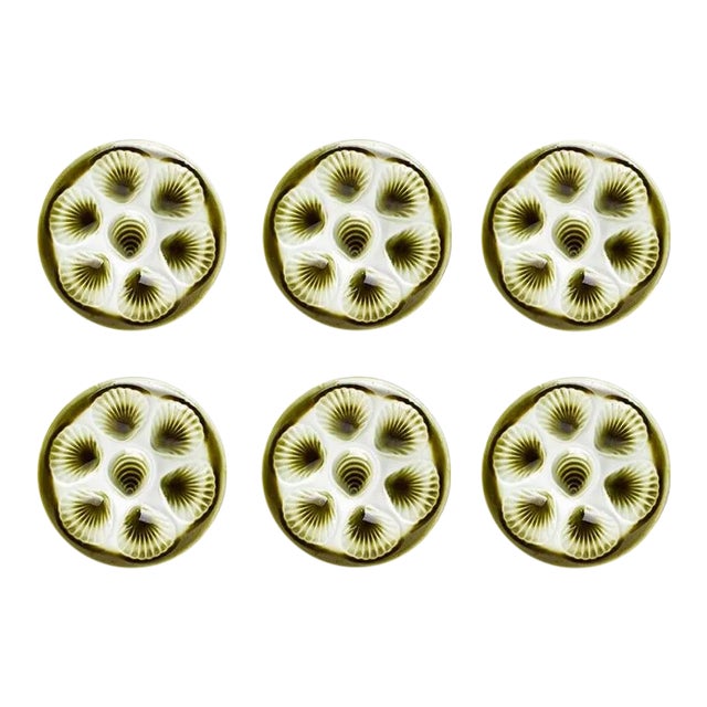 Set of 6 French Moulin Des Loups Orchies Green Oyster Shell Dinner Platters or Plates by Orchies For Sale