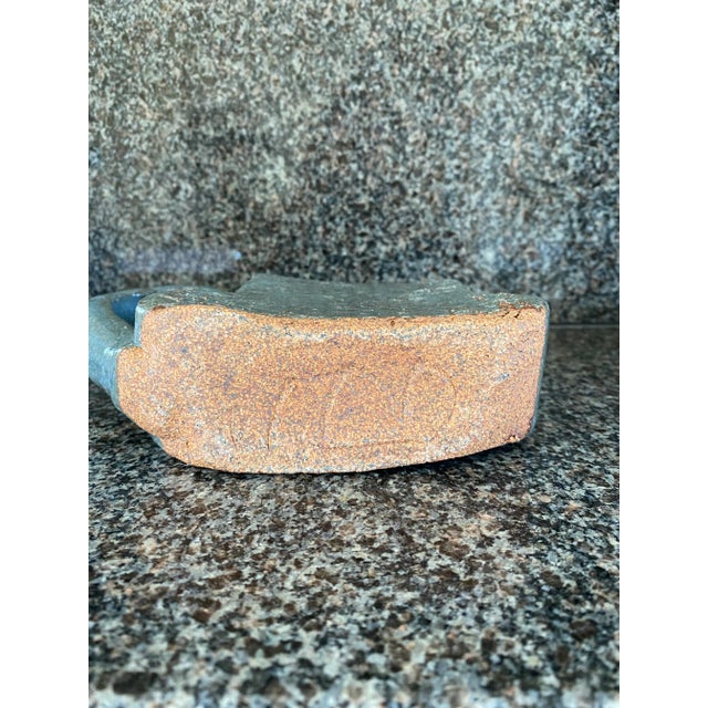 Ceramic Vintage Signed Glazed Terracotta Handled Vessel in Blue/GrayGlaze For Sale - Image 7 of 11