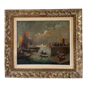 Late 19th Century Port Scene Oil Painting, Framed Netherlands