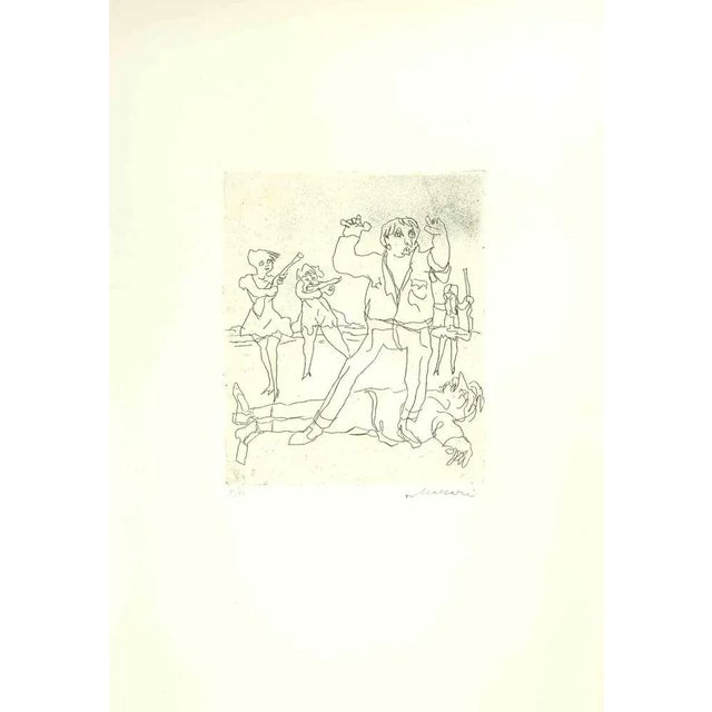 Figures is an Etching and Drypoint realized by Mino Maccari in the Mid-20th Century. Hand-signed in the lower right part....