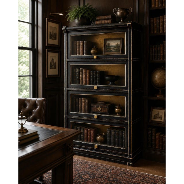 Vintage Globe-Wernicke Style Barrister Bookcase in Onyx Black & Aged Gilded Finish For Sale - Image 4 of 4