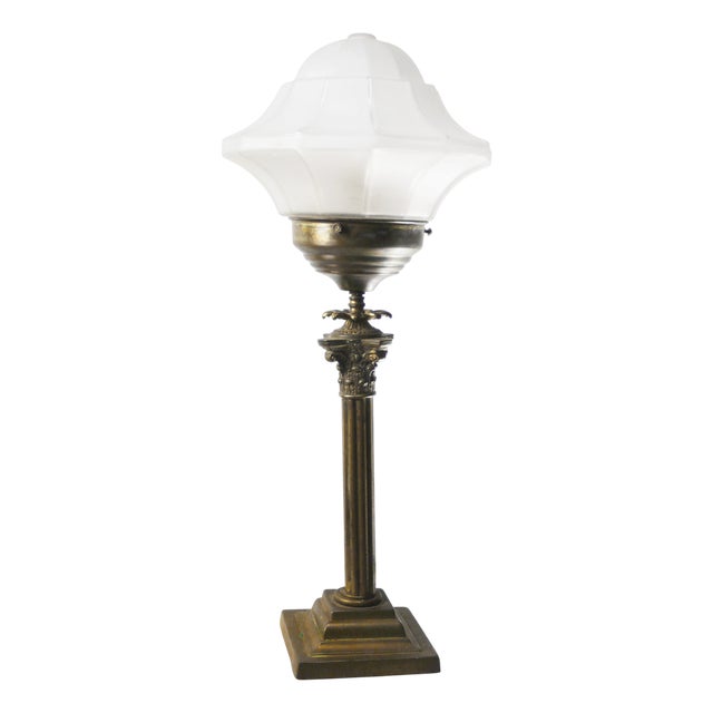 Art Deco Brass and Etched Glass Table Lamp, 1920s For Sale