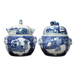 Pair of Vintage Chinese Blue and White Lidded Pots