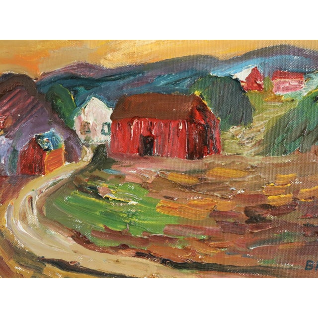 Paint Mid-Century Modern 'Crimson Barns at Dusk' Vintage Original Landscape Oil Painting, Framed For Sale - Image 7 of 11