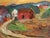 Paint Mid-Century Modern 'Crimson Barns at Dusk' Vintage Original Landscape Oil Painting, Framed For Sale - Image 7 of 11