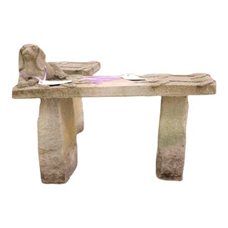 Cast Stone Garden Bench With Dog, Mid-20th Century For Sale