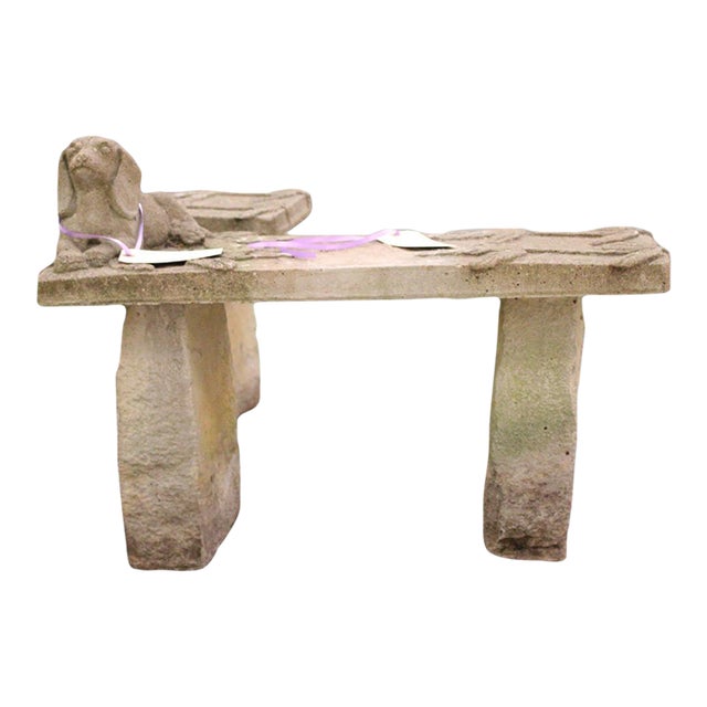 Cast Stone Garden Bench With Dog, Mid-20th Century For Sale