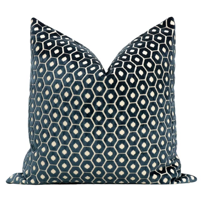 Pair of beautiful custom-made Paloma cut velvet pillows in navy blue. Meticulously handcrafted with serged interior seams,...