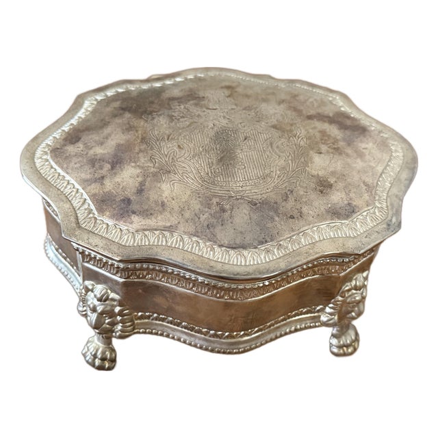Vintage Silverplate Crest Trinket Box With Lion Paw Feet For Sale