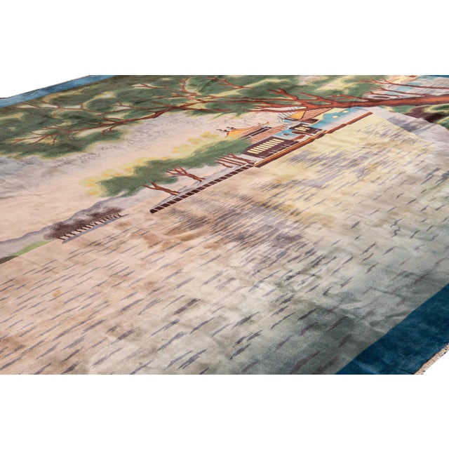 Antique Chinese Art Deco Blue Handmade Pictorial Oversize Wool Rug For Sale - Image 10 of 11