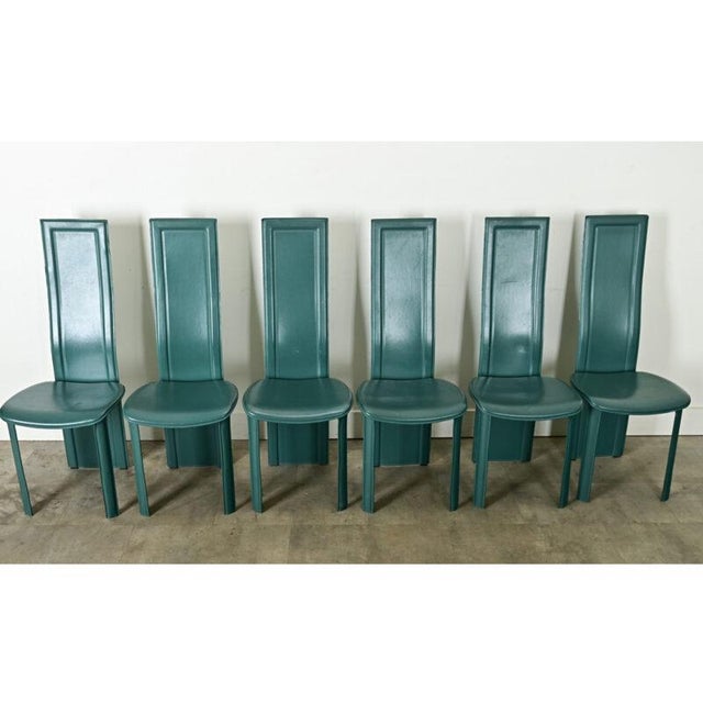 Teal Vintage Italian Turquoise Leather Postmodern Dining Chairs - Set of Six For Sale - Image 8 of 12