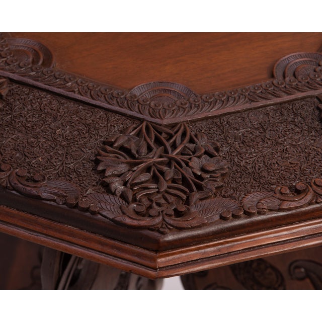 Anglo Indian Intricately Carved Teak Folding Campaign Table Octagon Top For Sale - Image 15 of 17