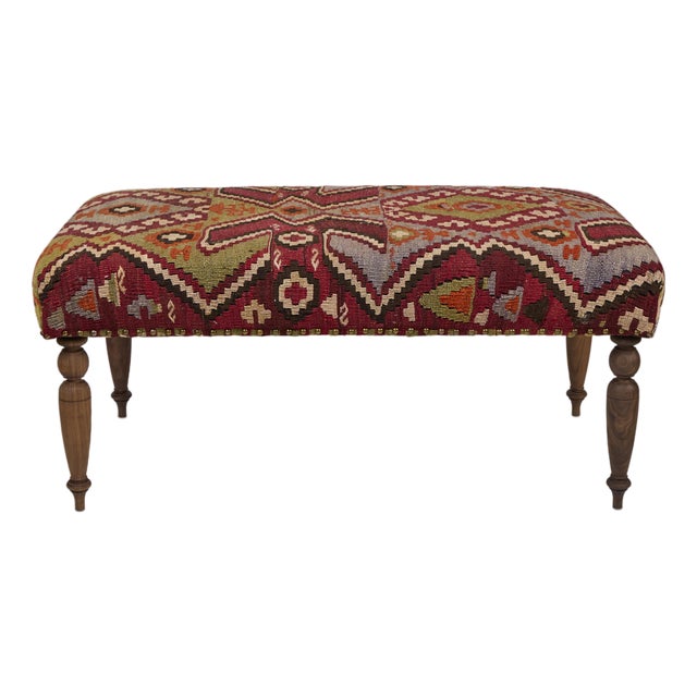 Custom Bench Upholstered in Vintage Turkish Rug With Nailhead Trim For Sale