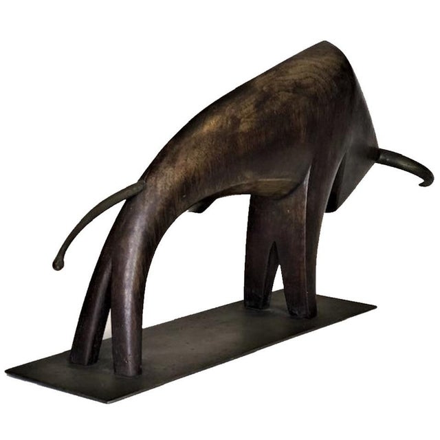 Early 20th Century Sier Kunst, Bull, Austrian Art Deco Wood & Brass Sculpture, ca. 1930 For Sale - Image 5 of 6