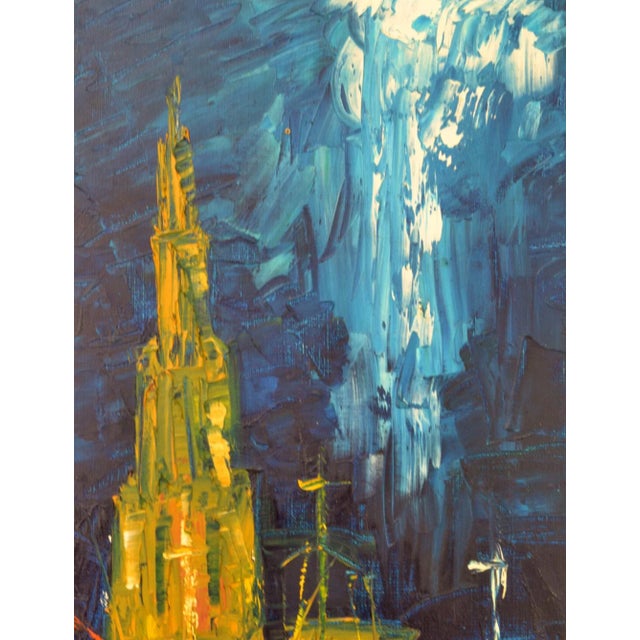 Oil painting on canvas with view on the city of Ghent in bright tones of blues, turquoise and yellow by B. Van Landuyt,...