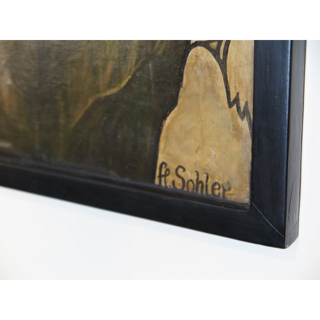 Art Deco 1960s Art Deco Style Panther with Jungle Landscape Oil Painting Signed Fe Sohler, Framed For Sale - Image 3 of 7