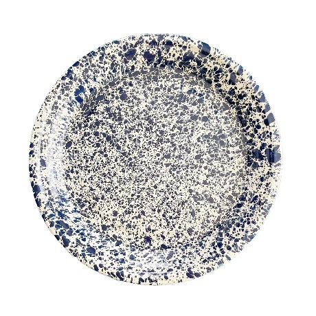 Large round enamelware splatter pattern tray in navy and white. Excellent condition with no visible chips.