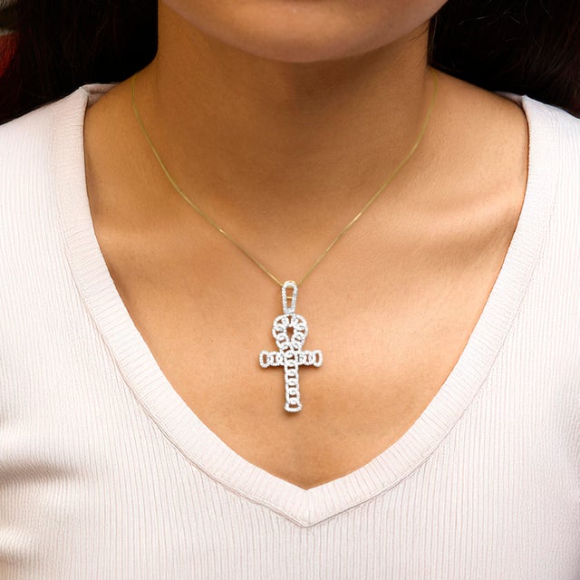 10K Yellow Gold 1.00 Cttw Ankh Cross Pendant (H-I Color, SI1-SI2 Clarity) -18" Inches For Sale - Image 4 of 5