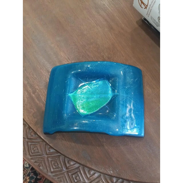 Mid-Century Modern Mid-Century Aqua Fused Glass Ashtray or Catchall With Foil Center For Sale - Image 3 of 9