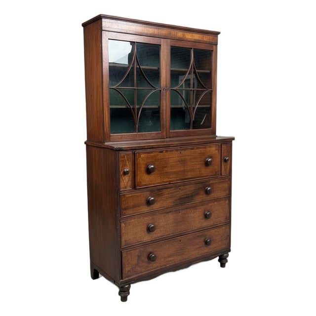 British Georgian Mahogany Inlaid Secretaire Bookcase, 18th Century For Sale