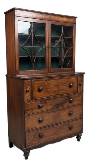 British Georgian Mahogany Inlaid Secretaire Bookcase, 18th Century