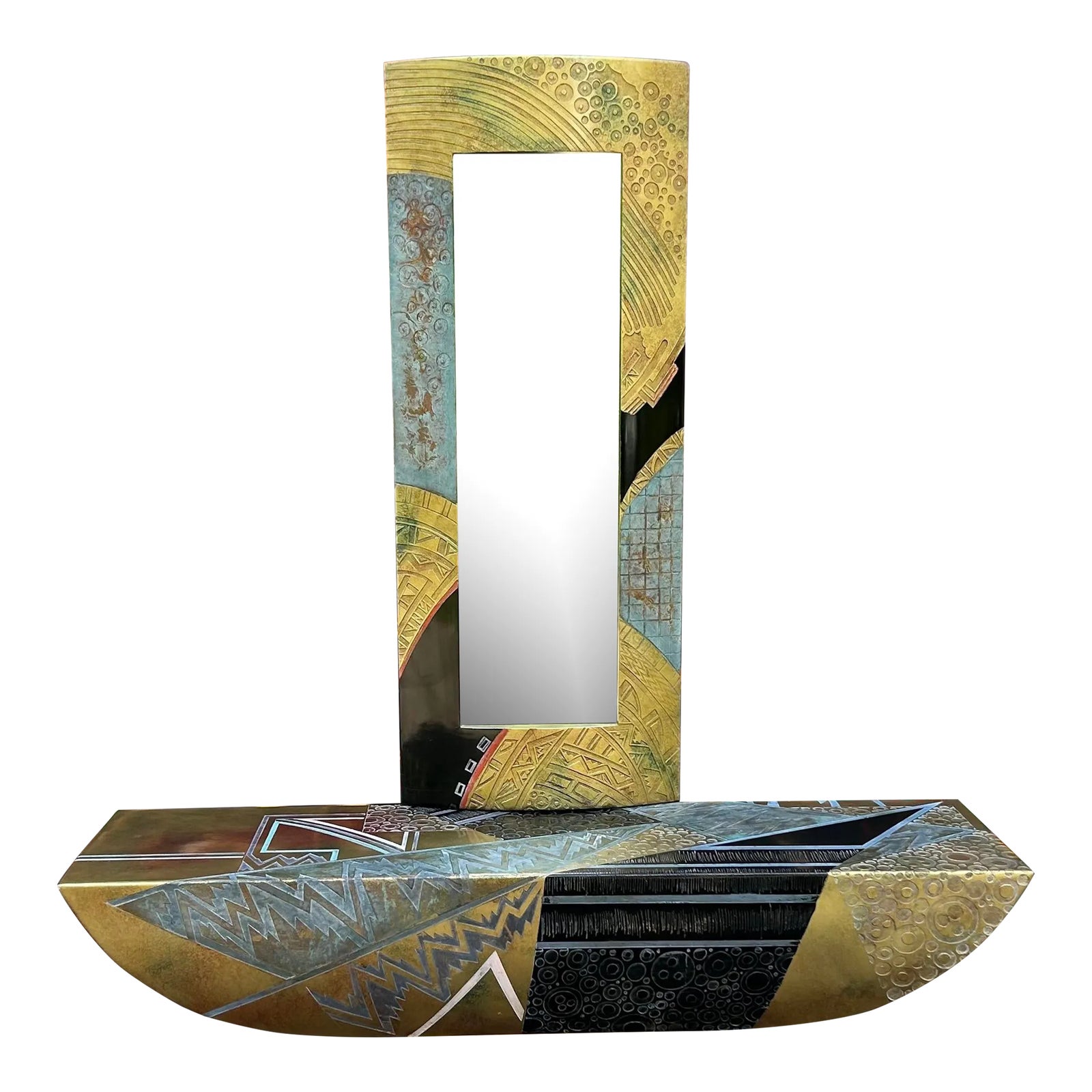 Post Modern Console Table and Mirror Gold Black | Chairish