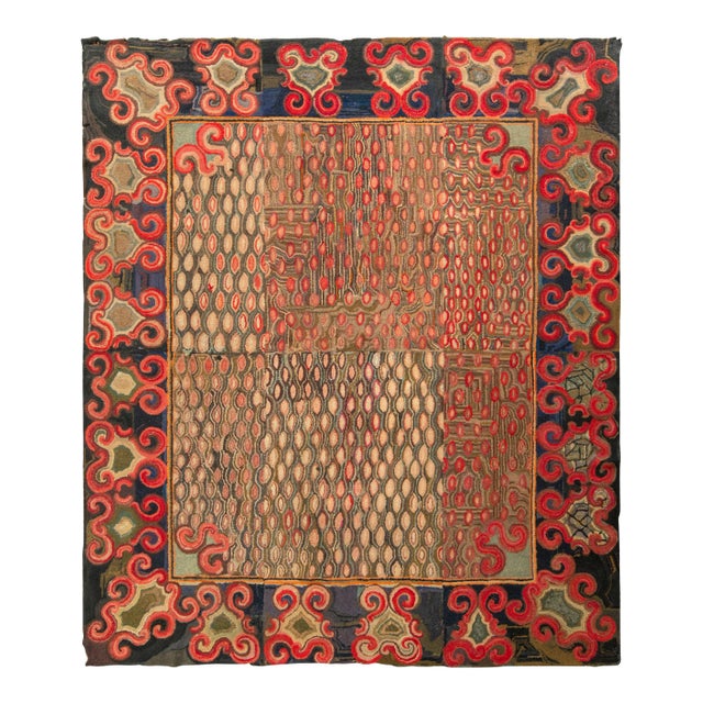 Antique Hand Hooked Rug in All Over Red, Beige-Brown Geometric Pattern For Sale