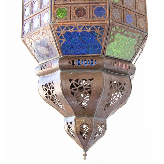 Moroccan Hanging Glass Lantern Moorish Metal Light Fixture With Stained Glass For Sale - Image 10 of 12