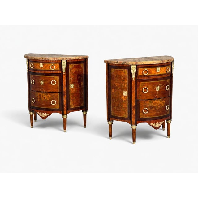 French Louis Xvi, Diminutive Demilune Commodes, Inlaid Wood, Bronze, France, 19th C. For Sale - Image 3 of 18