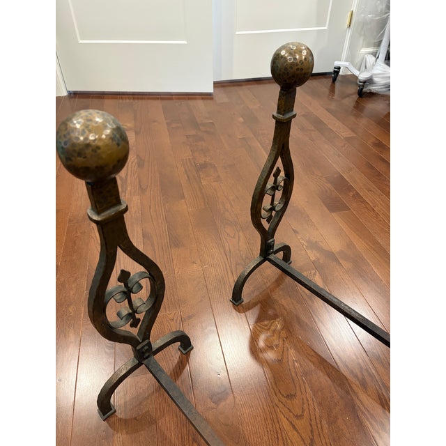 Vintage Hand-Forged Wrought Iron Fireplace Hearth Set: Contemporary 3-Piece Screen & Pair of Andirons For Sale - Image 12 of 12