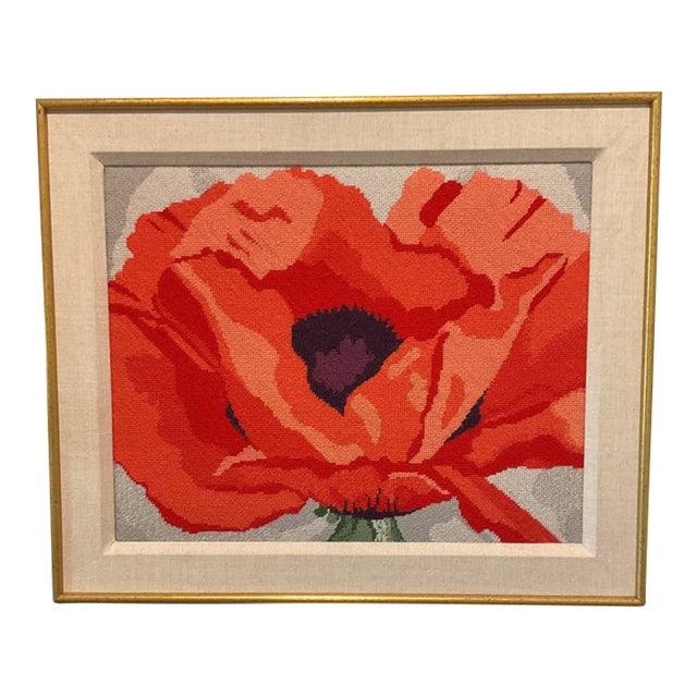 Vintage Poppy Needlepoint Matted and Framed For Sale