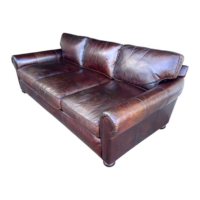 Restoration Hardware Restoration Hardware Medium Brown Leather Sofa With Feather-Filled Cushions For Sale - Image 4 of 10
