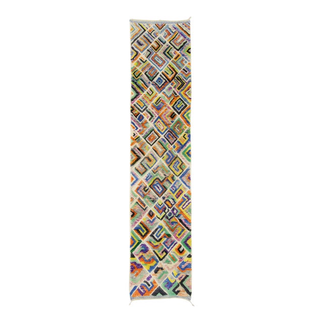 Vibrant Multicolor Hand-Knotted Wool Runner | 13'0" X 2'10" | One of a Kind For Sale