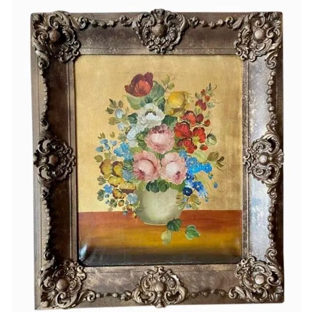 Mid 20th Century Floral Still Life Oil Painting with Carved Wood Frame For Sale - Image 13 of 13