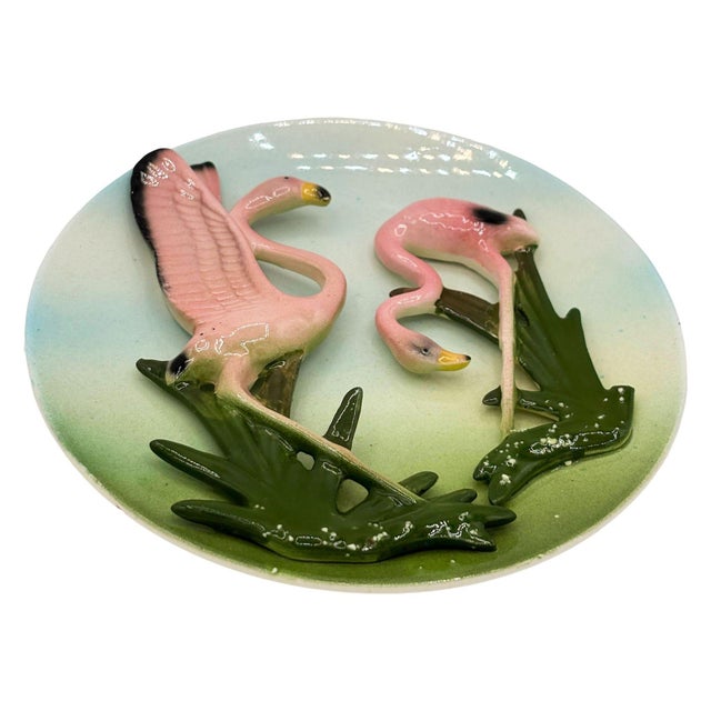 Mid-Century Modern 1950s Rare Mid-Century California Pottery Flamingo 3d Sculptural Round Wall Plate For Sale - Image 3 of 5
