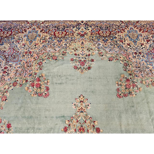 Vintage Oversized Persian Kerman Rug, Hand-Knotted Wool, Floral Pattern, Pale Green & Red, 12x16 For Sale - Image 9 of 15
