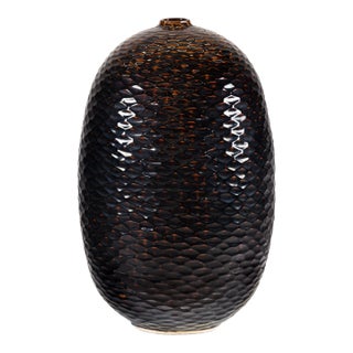 Artisan Large Honeycomb-Textured Ceramic Vase in Deep Brown and Black Glaze For Sale