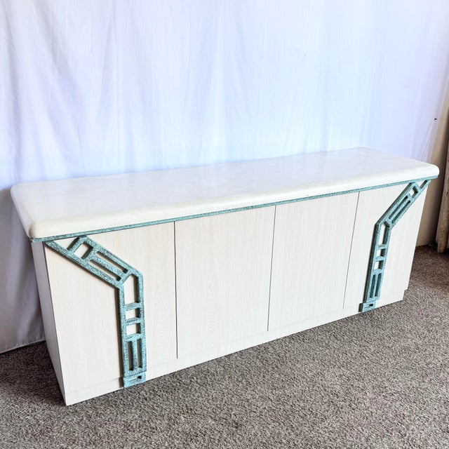 Postmodern Postmodern Beige Wood Grain Laminate Credenza With Tribal Turquoise Metal Accents For Sale - Image 3 of 12